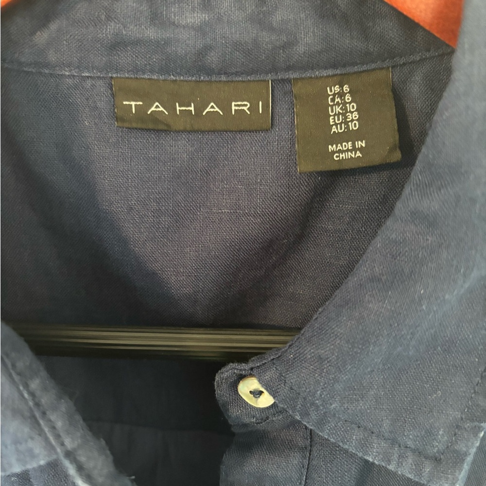 Tahari Navy Linen Sleeveless Shirt Dress with Tie Waist Size 6 - Picture 8 of 9